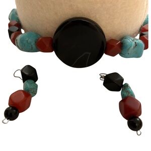 Boho Turquoise Style Red Black Bead Necklace Earrings Set Southwestern